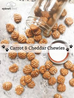 carrot and cheddar chews next to a jar of milk