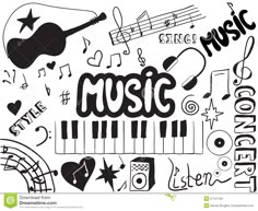 the word music surrounded by doodles and musical instruments, such as guitar, violin, piano, trumpet, drums