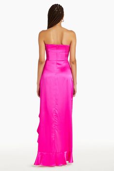 Hi-Lo Gown Strapless Ruffle Detail at Hem Invisible Zipper Seaming Detail at Bust Self: 100% Silk // Lining: 100% Polyester Dry clean only SC-20418 Prom Dresses Long Pink, Amanda Dress, Prom 2024, Flirty Dresses, Amanda Uprichard, Silk Gown, Wedding Receptions, Pink Light, Asymmetrical Hem