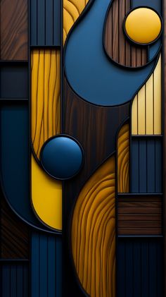 an abstract painting made with wood and metal colors, including blue, yellow, brown, and black