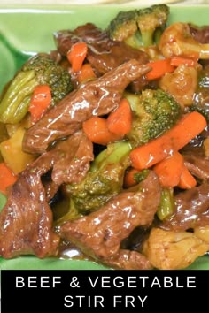 beef and vegetable stir fry on a green plate