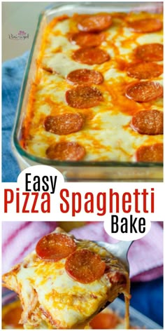 easy pizza spaghetti bake with pepperoni and cheese