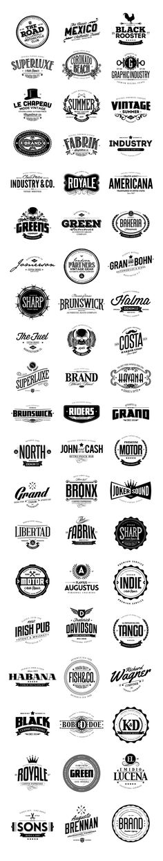 a large number of different types of labels on a white background, all in black and white