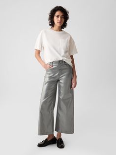 High Rise Stride Metallic Wide-Leg Ankle Jeans | Gap Moon Costume, Coated Denim, Capsule Wardrobe Outfits, Jeans Look, Ankle Length Jeans, Water Saving, Fashion 2024, Denim Details, Spring Wardrobe