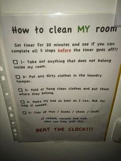 a sign that is posted on the door of a bathroom stall saying how to clean my room