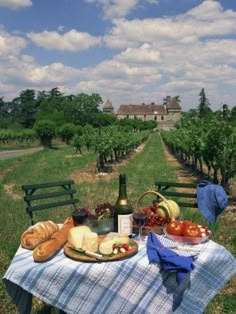 a picnic table with food and wine on it in the middle of an apple orchard