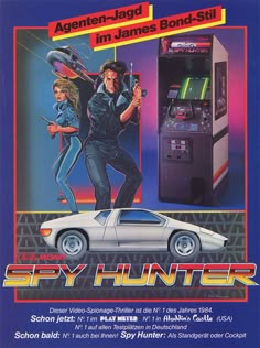 an advertisement for the game spy hunter, featuring two women and a man in front of a machine