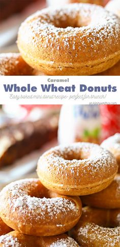 a stack of whole wheat donuts with powdered sugar on top and the words, caramel whole wheat donuts