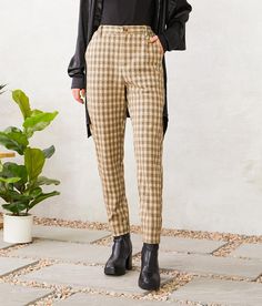 Willow & Root Plaid Trouser Pant - Brown/Khaki Small, Women's Tanblackcream Knit pant Inseam measures 27 Rise measures 12 13 bottom opening Elasticized waistband. 97% Polyester 3% Spandex. Hand wash cold. Do not bleach. Line dry/hang to dry. Cool iron.. WOMEN'S BOTTOMS SIZE CONVERSION CHART Waist (size) 22 23 24 25 26 27 28 29 30 31 32 33 34 36 38 Juniors - 00 0 1 3 5 7 9 11 13 15 - - - - US - - 00 0 2 4 6 8 10 12 14 16 18 20 22 S/M/L Sizing - XXS XS S S M M L L XL XXL XXL - - EU - - - - 32 34 3 Ladies Plaid Pants, Womens Brown Plaid Pants, Plaid Pants From Target, Fall Flannel Pants, Where To Buy Plaid Pants, Plaid Pants High Waisted, Fall Plaid Pants Iutfit, Beige Plaid Dress Pants, Ankle Pants Plaid