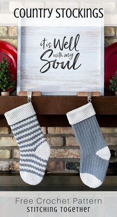 christmas stockings hanging from a fireplace mantle with the words, country stockings it's well made