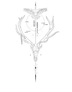 a drawing of a deer's head with an arrow and two birds on it