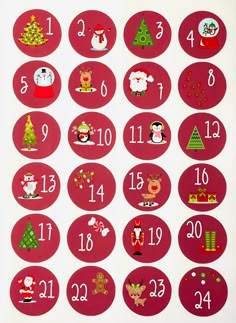 the numbers are decorated with santa claus and other christmas related items on red circles,