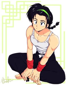 an anime character sitting on the ground with her hands in her pockets and wearing black pants