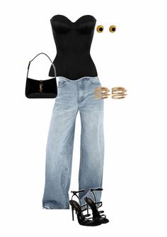 a woman in black top and jeans wearing high heeled shoes with handbag on white background