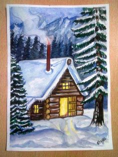 a painting of a log cabin in the snow