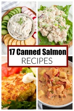 some food is shown with the words 17 canned salmon recipes on top and below it