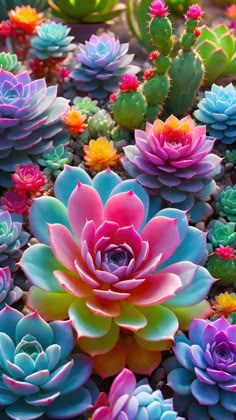 many colorful succulents are growing on the ground