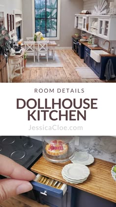 a person is opening the door to their kitchen with text overlay that reads room details dollhouse kitchen