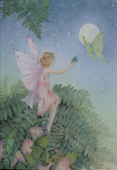 a painting of a fairy holding a butterfly in her hand while standing on top of a plant