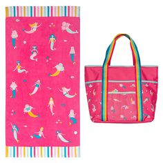 two beach towels and a tote bag are shown in this image, one is pink with mermaids on it