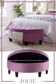 a bed with a purple foot stool in front of it and the words jolie on top