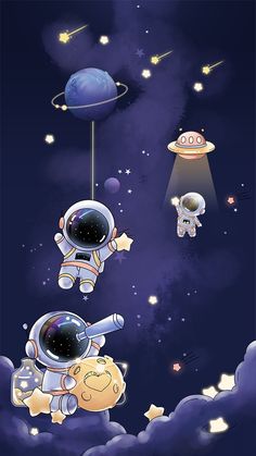 two astronauts are flying in the sky with stars and planets around them, one is holding onto an object