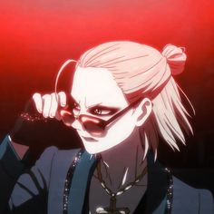 an anime character with white hair and sunglasses