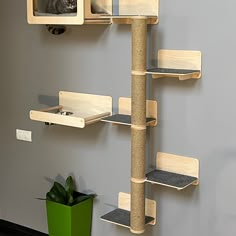 the cat tree is made out of wood and has several shelves for cats to climb on