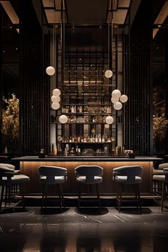 a bar with four stools in front of it and lights hanging from the ceiling