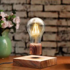 a light bulb sitting on top of a wooden block next to a vase with flowers