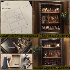 four different views of an old fashioned shelf with various items in it and instructions for how to build the shelves