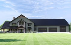 a large house with two car garages on the front and side of it, surrounded by lush green grass