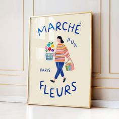 a poster with a woman carrying shopping bags and flowers in her hand that reads marche aux fleurs