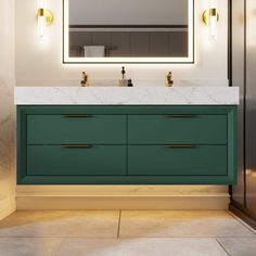 a bathroom vanity with two sinks and a large mirror