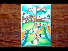 a drawing of a hand holding a cell phone in front of a wooden background with buildings and a flag