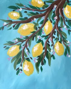 a painting of lemons on a tree branch with white flowers and leaves painted on blue background