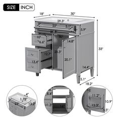 an image of the measurements for a kitchen cabinet with drawers and cupboards on each side