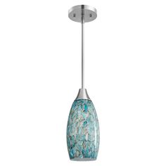 a light fixture with a blue glass and silver metal finish on the bottom, hanging from a