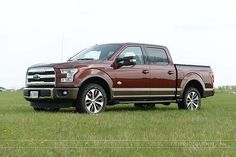 a red truck is parked in the grass