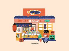 an illustration of a store front with fish on it