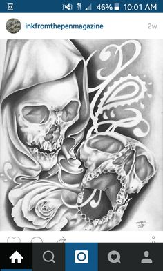 a drawing of two skulls with roses on them