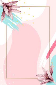 a pink and blue floral background with a gold frame on the left side, in front of an abstract design