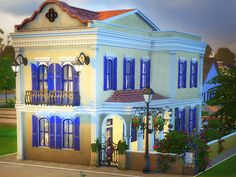 an animated image of a house with blue shutters and balconies on the second floor