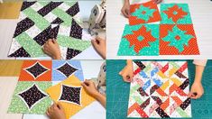 four pictures of quilts being sewn together