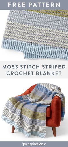 a couch with a blanket on it and the text, free pattern moss stitch striped croche