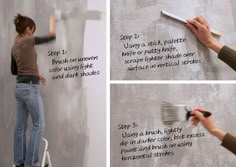 a woman is painting a wall with white paint