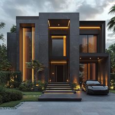 a car is parked in front of a modern house with stairs leading up to it