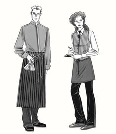 two people standing next to each other in front of a white background, one wearing an apron