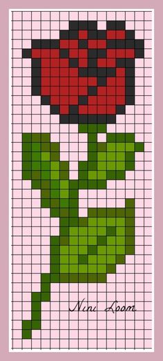 a cross stitch pattern with a red flower on the top and green leaves on the bottom