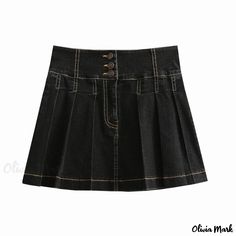 Olivia Mark - Flattering High-Waisted Denim Pleated Mini Skirt for a Polished Look Denim Pleated Mini Skirt, Stylish Midi Skirt, High Waist Denim Skirt, Denim Pleated Skirt, Pleated Denim Skirt, Fitted Midi Skirt, Pleated Denim, High Waisted Denim Skirt, High Waist Denim